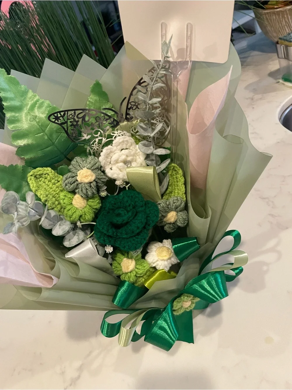 Handcrafted Green Crochet Flower Bouquet - Home Accents